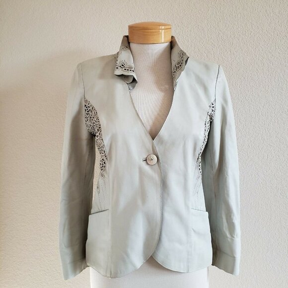 RARE Vera Pelle Lasercut Side Panel Real Soft Leather Collared Seafoam Jacket S* - Picture 3 of 10